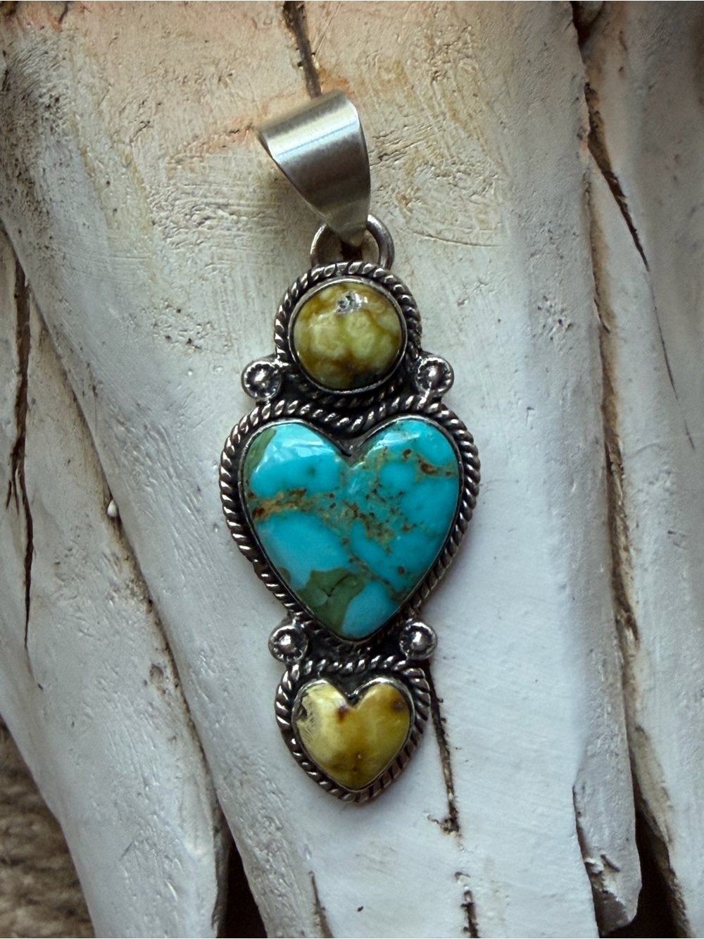 Sonoran Mountain Turquoise & Palomino Heart Trio Pendant Necklace 925 -Jewelry
